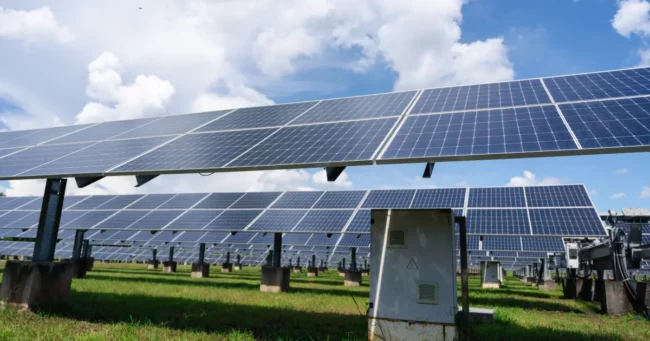 Rows of large solar panel arrays installed on open land illustrate the difference between residential and commercial solar systems in Bluffdale.