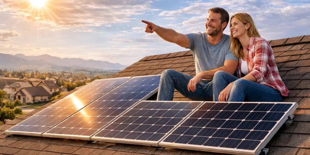 Couple on rooftop with solar panels installed on a residential home during sunset. Couple on rooftop with solar panels installed on a residential home during sunset.