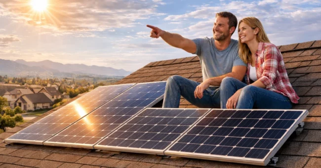 Couple on rooftop with solar panels installed on a residential home during sunset.