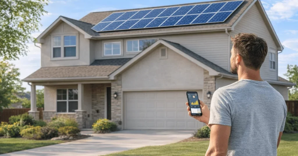 Home with rooftop solar panels generating electricity for net metering energy savings
