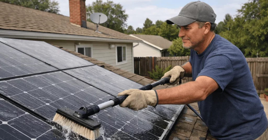 Homeowner cleaning rooftop solar panels with water and soft brush to maintain efficiency and improve energy output