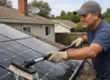 Homeowner cleaning rooftop solar panels with water and soft brush to maintain efficiency and improve energy output