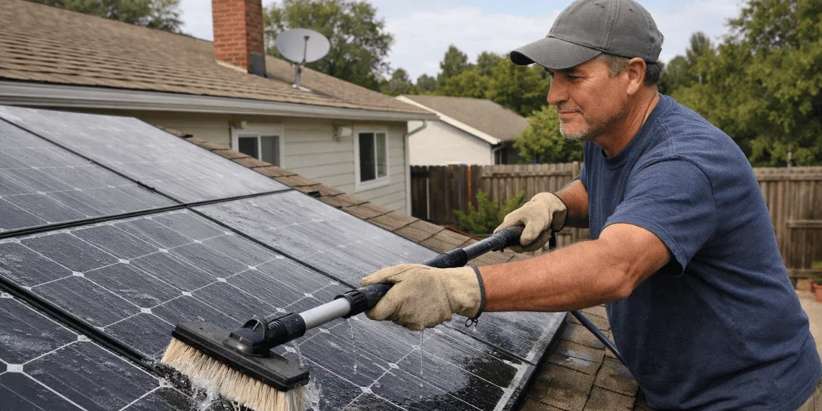Homeowner cleaning rooftop solar panels with water and soft brush to maintain efficiency and improve energy output