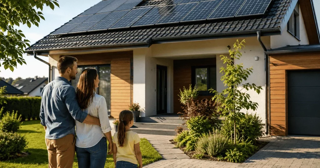 Family standing outside a modern home with rooftop solar panels in a sunny residential neighborhood.