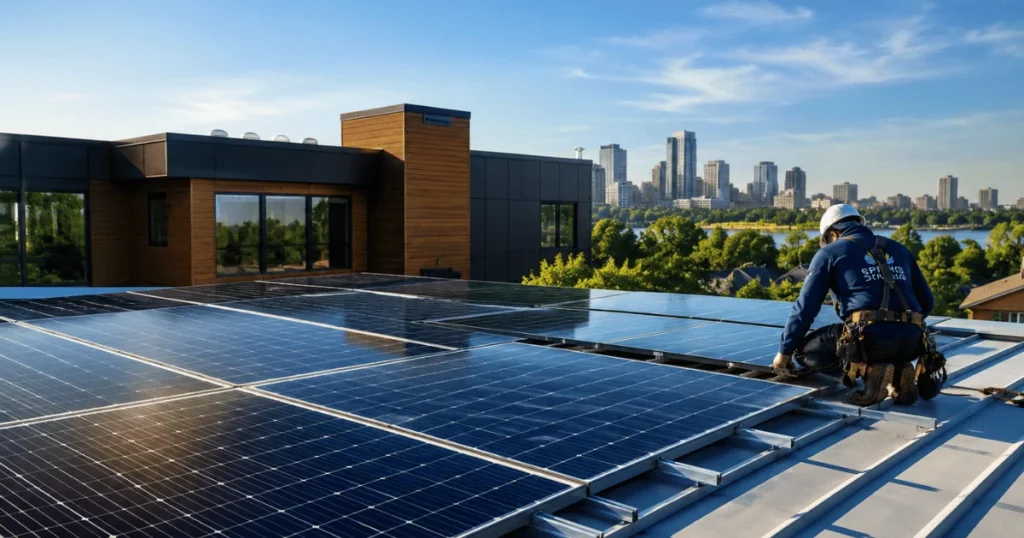Professional rooftop solar panel installation on a modern residential property with clean energy panels and natural sunlight