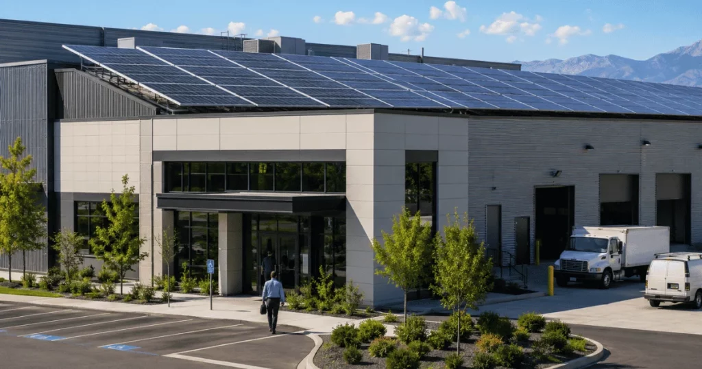 Commercial building with rooftop solar panels reducing business energy costs through renewable solar power.