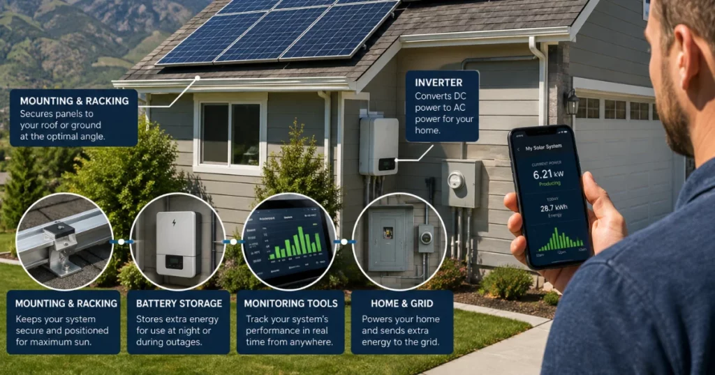 Home rooftop solar panel system with inverter and energy monitoring app