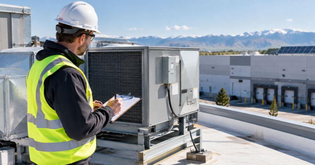 Commercial energy audit inspecting rooftop HVAC equipment before solar panel installation.